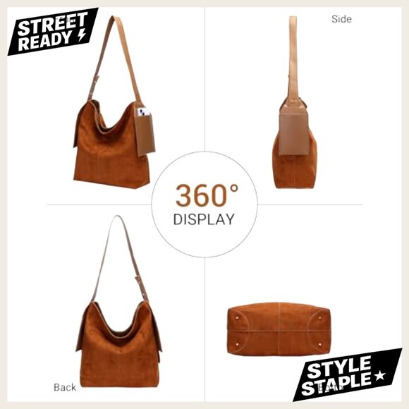 Soft Slouchy Suede Hobo Shoulder Bag, Adjustable Strap, Crossbody Tote Purse - Picture 4 of 7